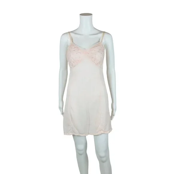 Vintage 60s Baby Pink Slip Embroidered Daisies Venusform Lingerie